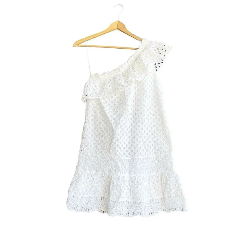 Tory Burch Zoe One Shoulder Dress White Lace Cotton Ruffle Lined Women’s Size 6 - Picture 2 of 4